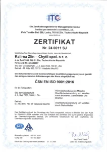 Zertifikat ITC – Qualitätsmanagementsystem ČSN EN ISO 9001:2016 (deutsch)