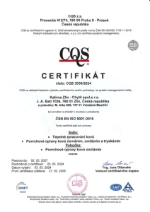 Zertifikat CQS – Qualitätsmanagementsystem ČSN EN ISO 9001:2016 (tschechisch)